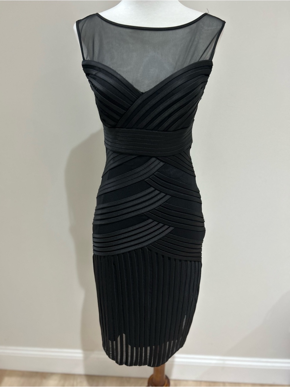 Vintage Cache Black Bandage Bodycon Dress Vampy Mesh Illusion Gothic Y2K Size 0